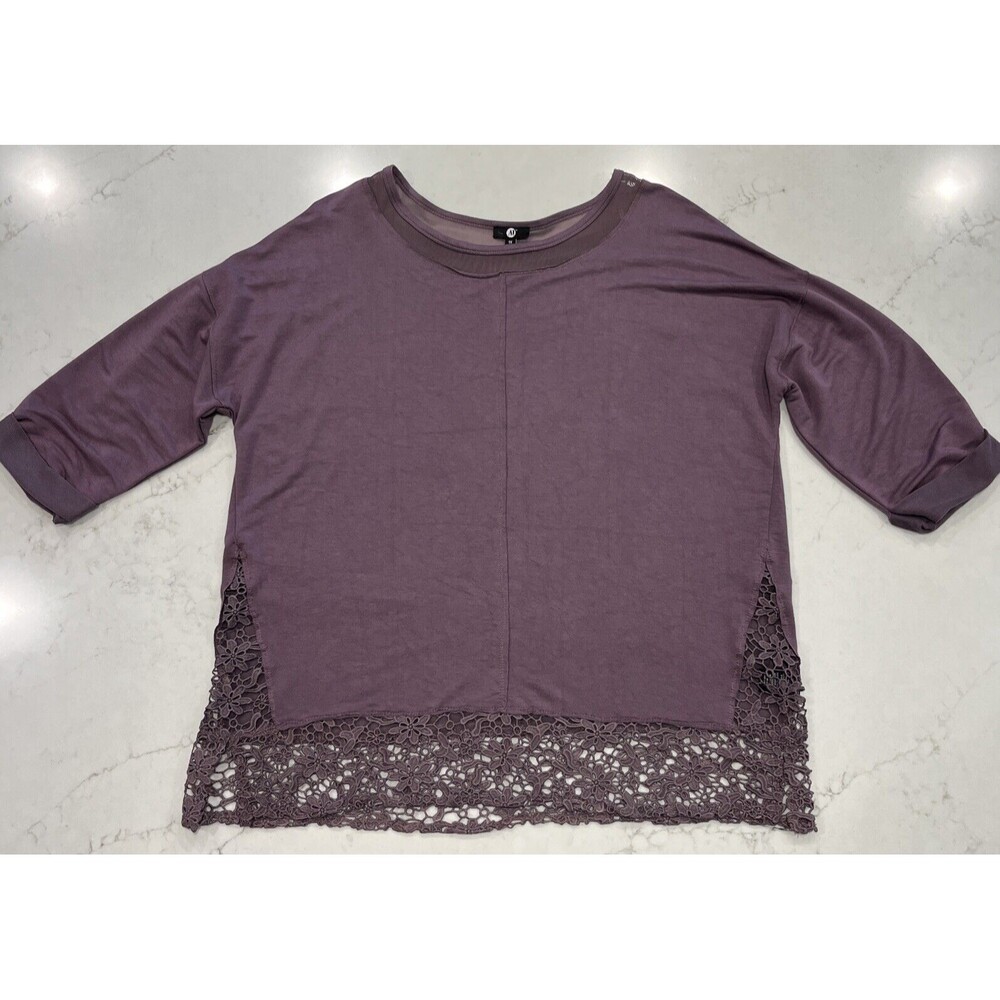 A&I Womens Plus Sz 1X Purple Tunic Lace Hem Mesh 3/4‎ Sleeve Boho Top Casual